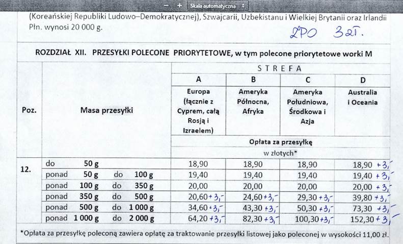Cennik przesyłek zagranicznych