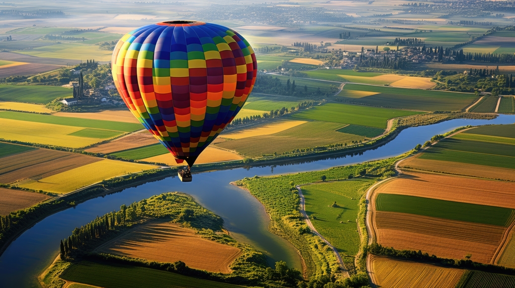 hot air balloon floating above a colorful patchwork of vineyards and fields generative ai Kolorowy balon na tle łąk